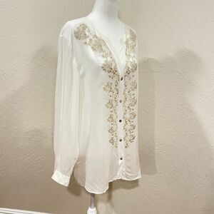 ~ J. Jill Lg Ivory Embroidered Blouse Sheer V-neck Off-White Cream Tan Button Up